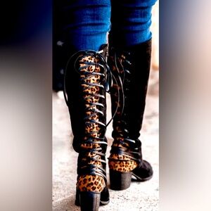 Black/Leopard Annabel Adjustable Calf Lace/Zip Boot | Boutique by Corkys